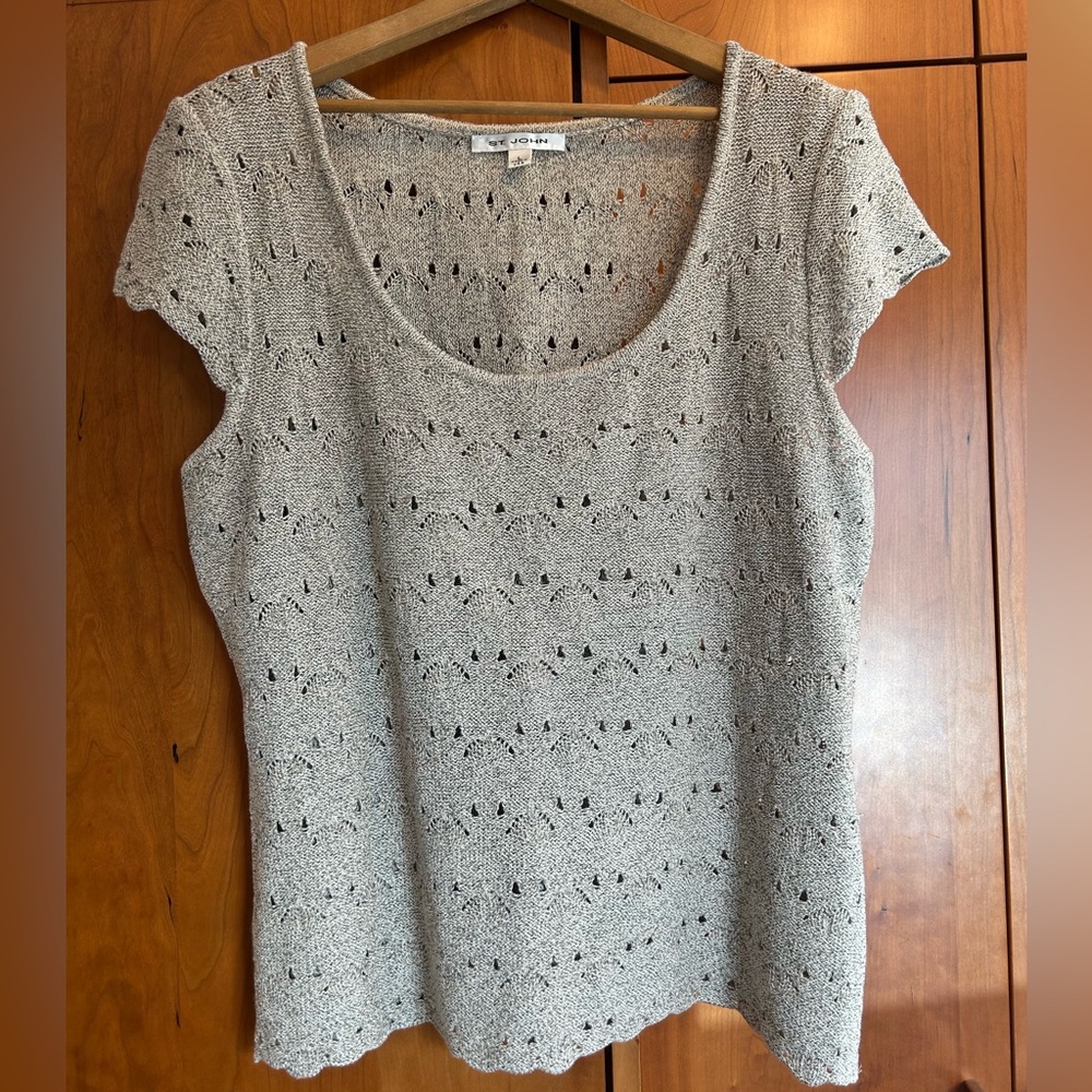 St. John Tan Open-Knit Cap-Sleeve Sweater Scalloped Hem Size L Made in USA